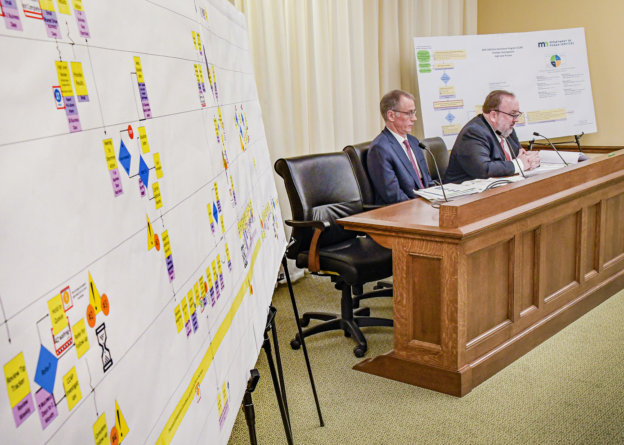 Deputy Human Services Commissioner Chuck Johnson, left, and Jeff Swanson, director of the department’s management services, testify Feb. 13 about integrity in the Child Care Assistance Program. Photo by Andrew VonBank